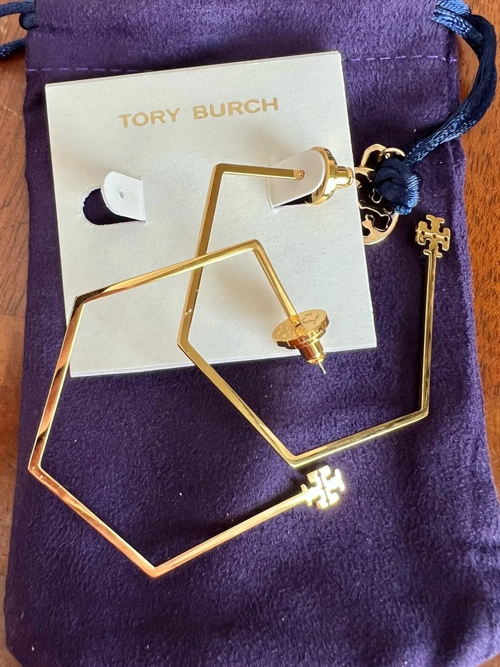 Tory Burch Geometric Gold Logo Hexagon Hoop Earrings